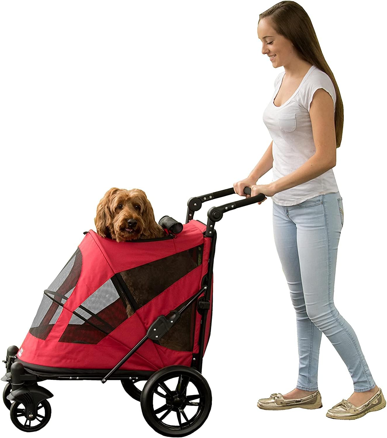 Pet Gear NO-Zip Pet Stroller with Dual Entry, Push Button Zipperless Entry for Single or Multiple Dogs/Cats, Pet Can Easily Walk in/Out, No Need to Lift Pet, Gel-Filled Tires, 1 Model, 4 Colors NEW Candy Red