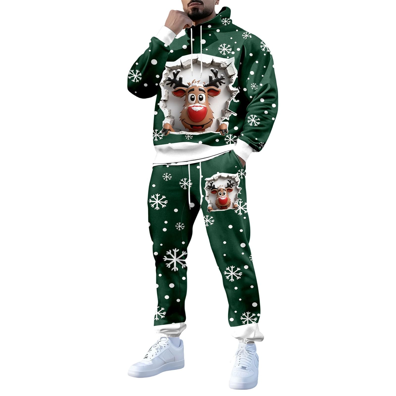 Generisch Tuta natalizia da uomo, da jogging, set di tute natalizie, 2 pezzi, Funky Reindeer, stampa 3D, abbigliamento natalizio con cappuccio e pantaloni da jogging
