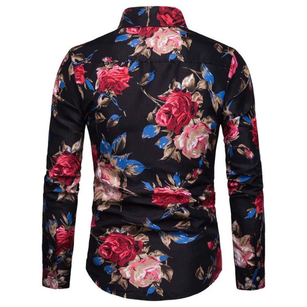 HGJH Herren Hemd Kurzarm, Herrenhemd Rote Rosen Zweige Blätter Print Hawaiihemd Kuba-Kragen Schwarz Langarm Button Down Weiches Strandhemd Henley-Shirt Für Männer Jungen
