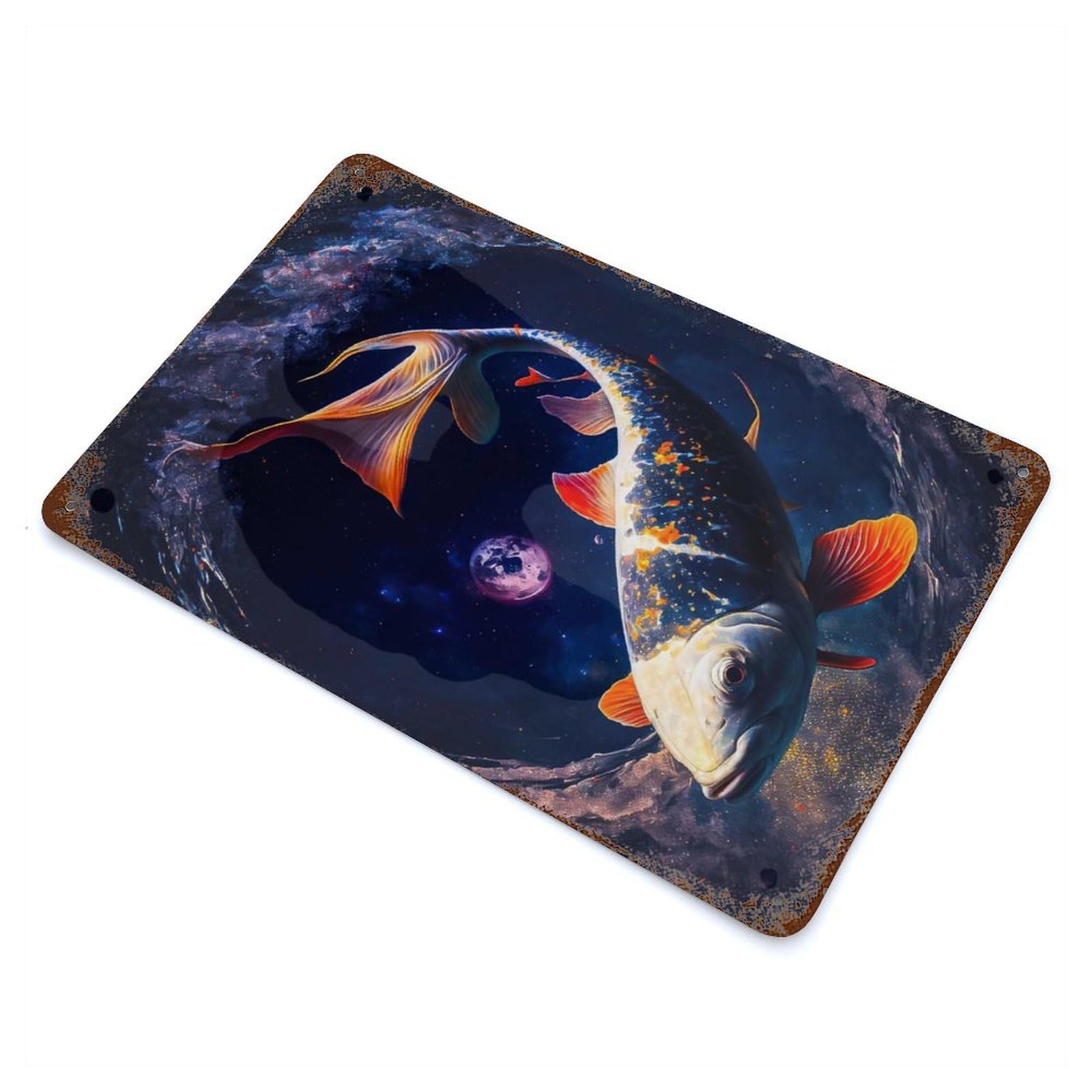 Rust Effect Cosmic Koi 2 Decorative Tin Sign 11.8"x7.9", Vintage Wall Decor for Farmhouse, Kitchen And Entryway Decor