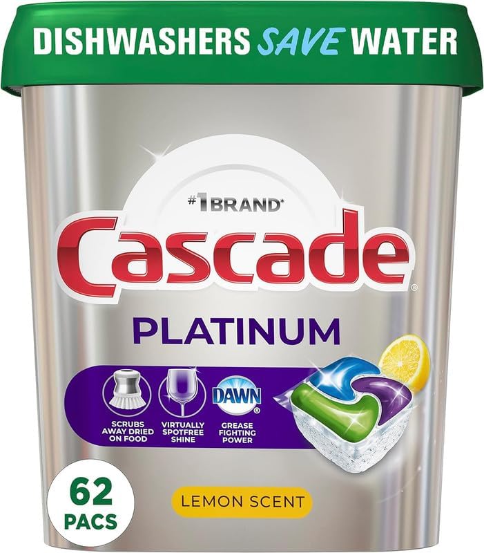 Cascade Platinum Cápsulas de detergente para lavavajillas, cápsula de jabón para lavavajillas, cápsula de lavado de platos Actionpacs, limón, 62