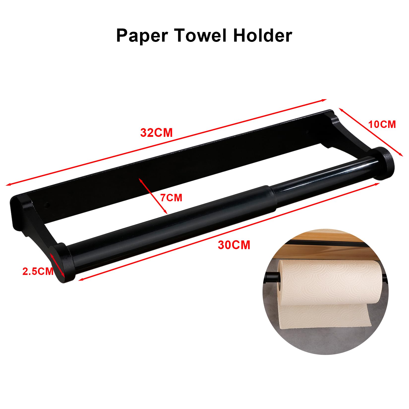 Niffgaff Keukenrolhouder zonder boren, keukenrolhouder voor papierrol, 31 cm, zelfklevend, aluminium, zwart