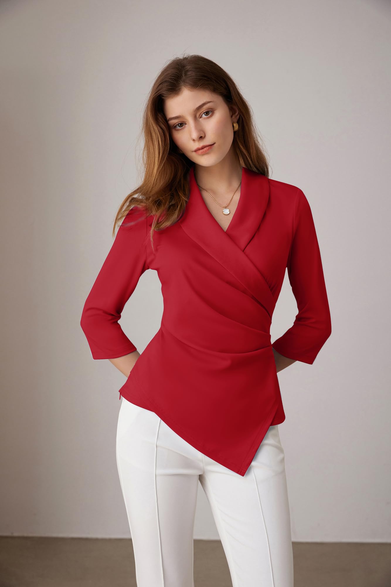 GRACE KARIN Top da donna con scollo a V, maniche a 3/4, camicia a tunica, elegante, plissettata, camicetta da ufficio casual