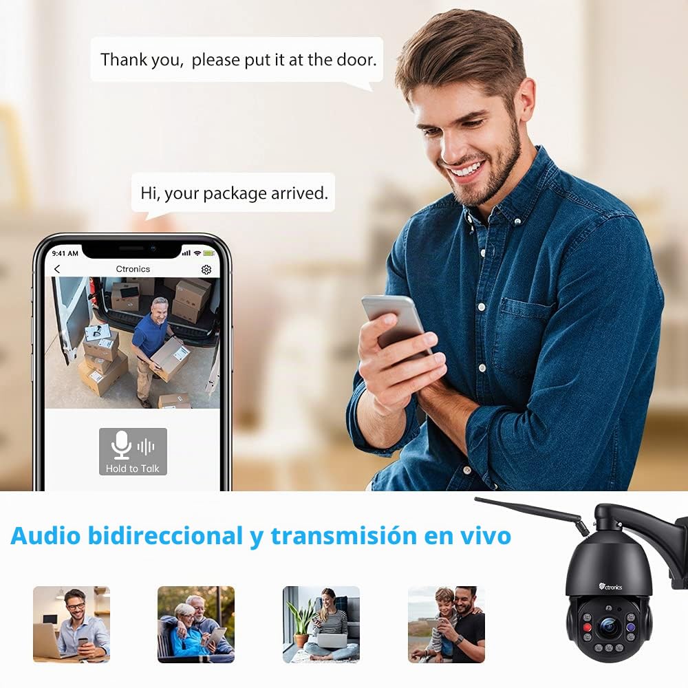 Ctronics [5MP 30X Zoom Óptico Camara Vigilancia WiFi Exterior 5/2.4Ghz, 360° PTZ IP Cámara Domicilio, 150M Visión Nocturna con Auto Crucero/Seguimiento/Zoom, Bluetooth/Cloud/PC, Metal, IP66