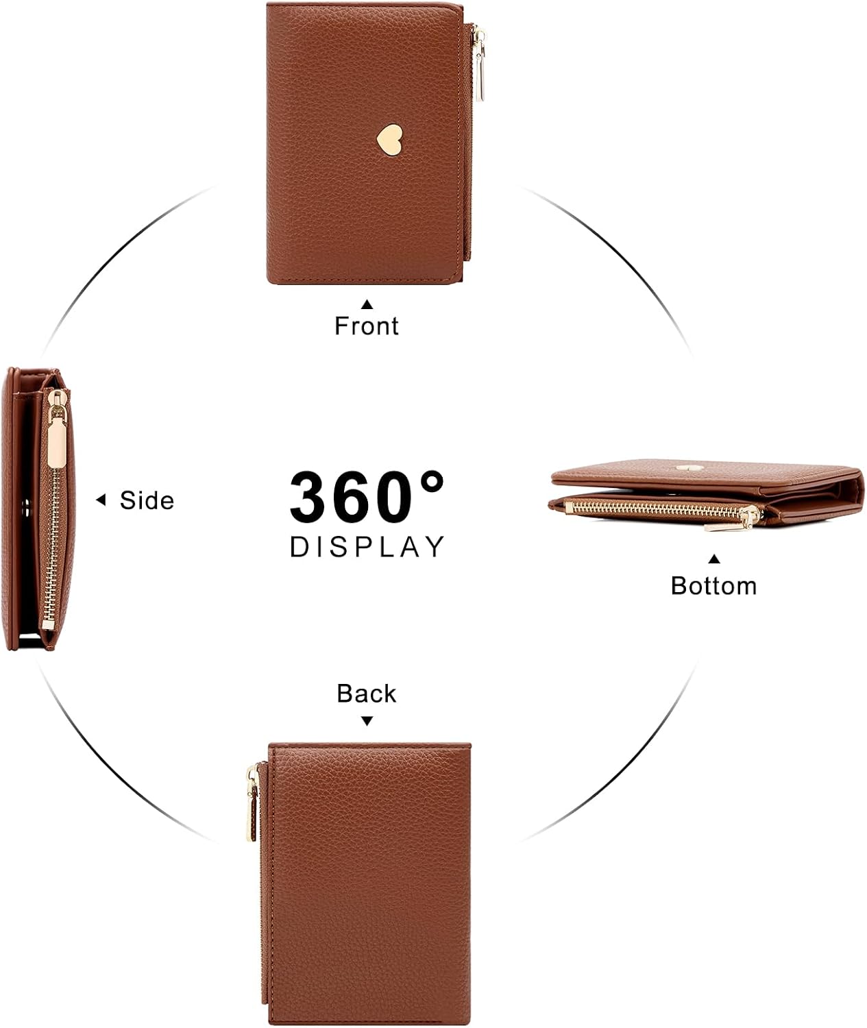 defway Small Card Wallet for Women - Slim Card Holder for Women, Small PU Wallet with 10 Card Slots & Coin Pocket, Compact Lychee Grain Purse, Heart Accent Gift Mother's Day (Brown)