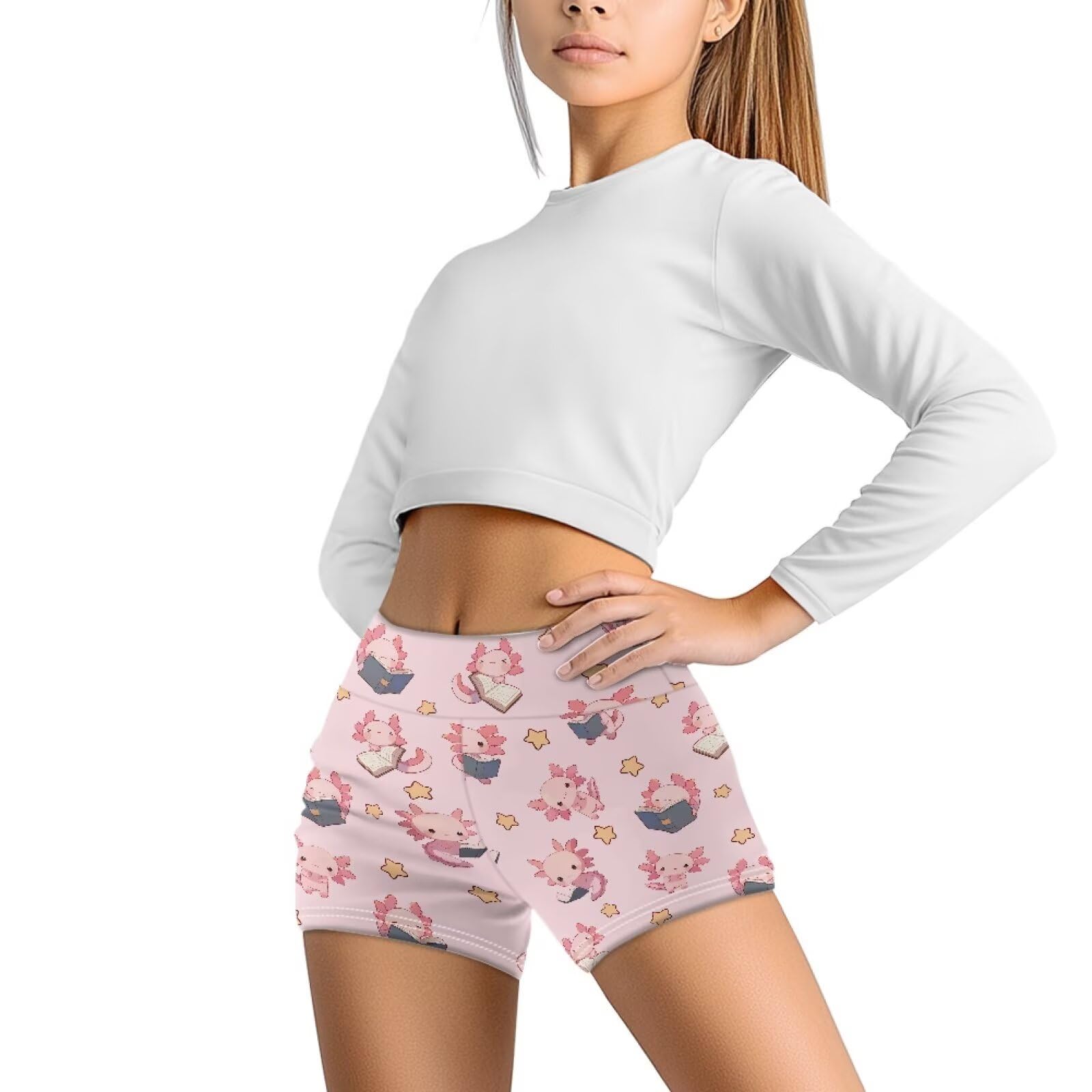 Yruonazao Girls Yoga Pants Book Axolotl Biker Shorts for Kids' High-Waist Yoga Shorts for Girls Breathable Stretchy Sports Shorts, Suitable for Ages 9-10 Dance, Fitness, and Running