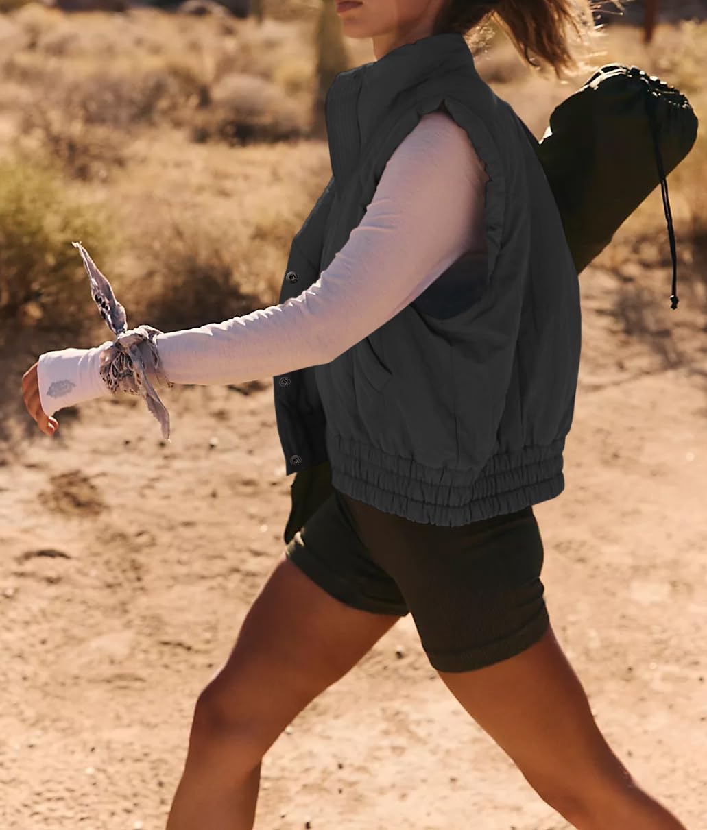 Women's Lightweight Puffer Vest Button Down Crop Quilted Vest Coat Stand Collar Sleeveless Padded Gilet With Pockets - Image 4