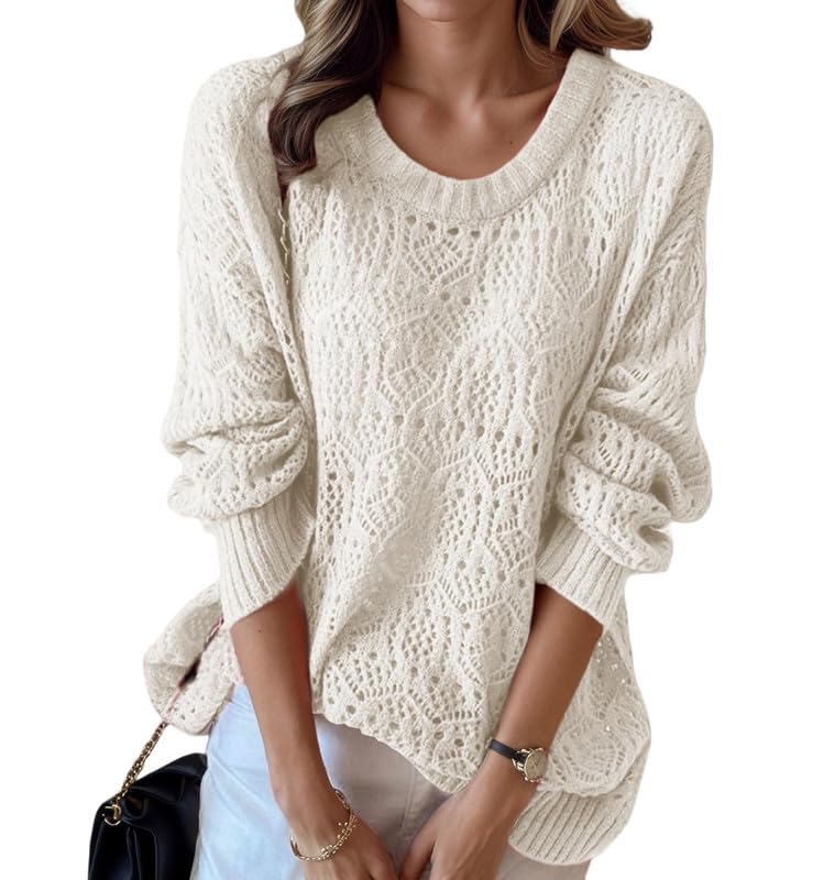 Womens Crochet Hollow Out Sweater Long Sleeve Crewneck Loose Knit Pullover for Women