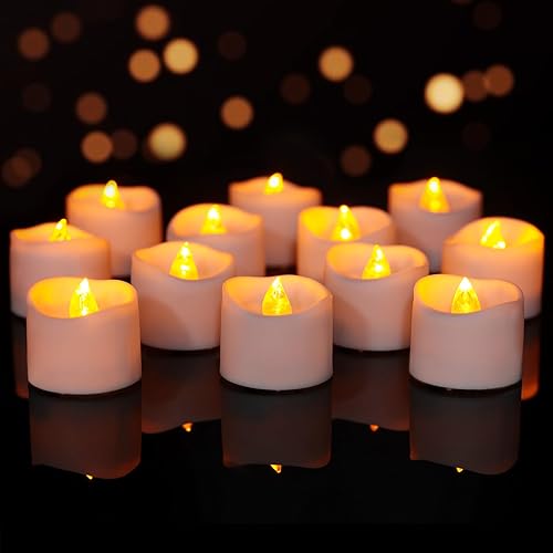 SingTok Paquete de 12 velas de té con temporizador, funciona con pilas, velas LED parpadeantes sin llama, velas votivas eléctricas falsas para