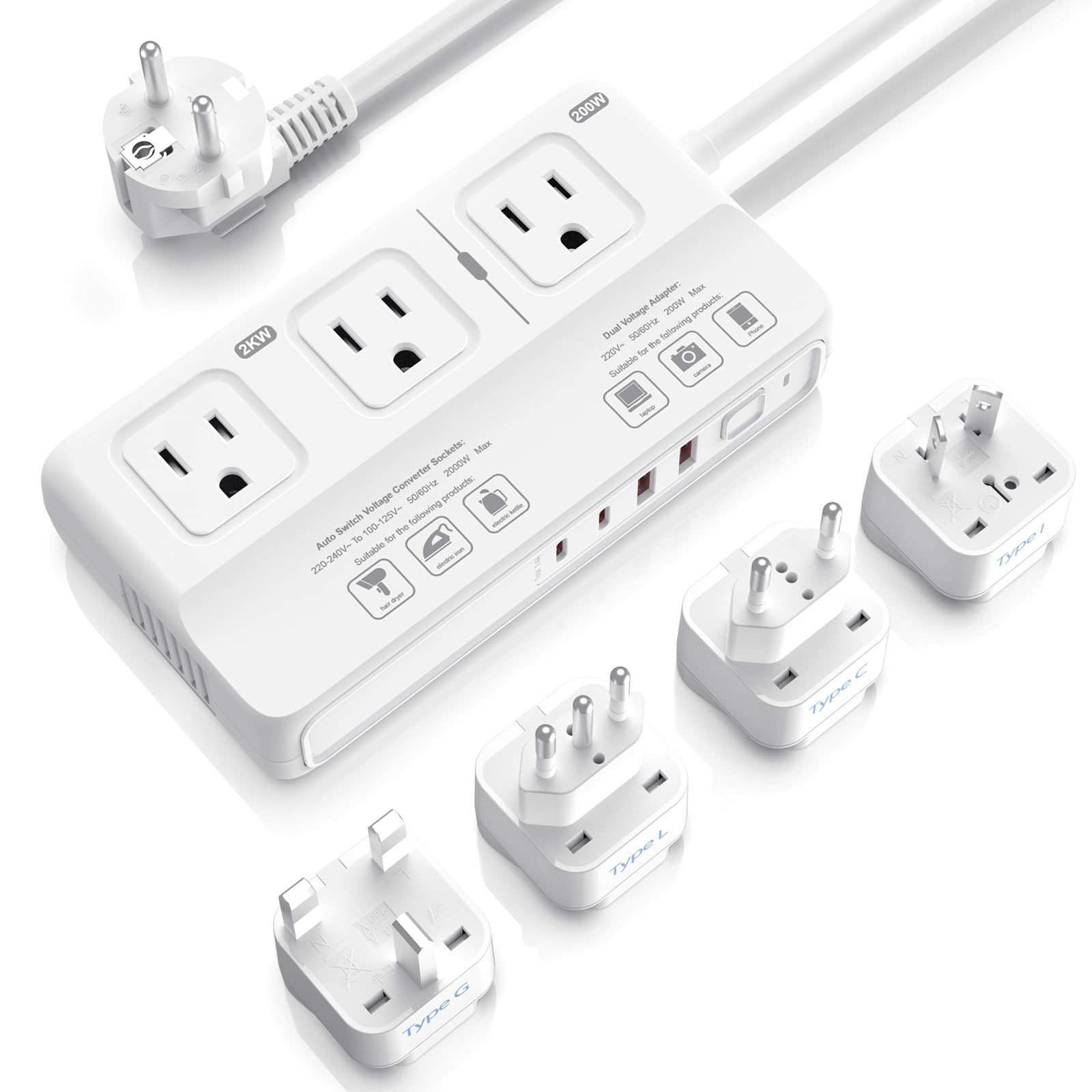 220V to 110V Travel Voltage Converter, ANTPO International Universal Power Converter US to EuropeTravel Adapter with 4 USB Charger (2 USB C), 3 AC Sockets and EU/UK/AU/IT Plug Adaptor