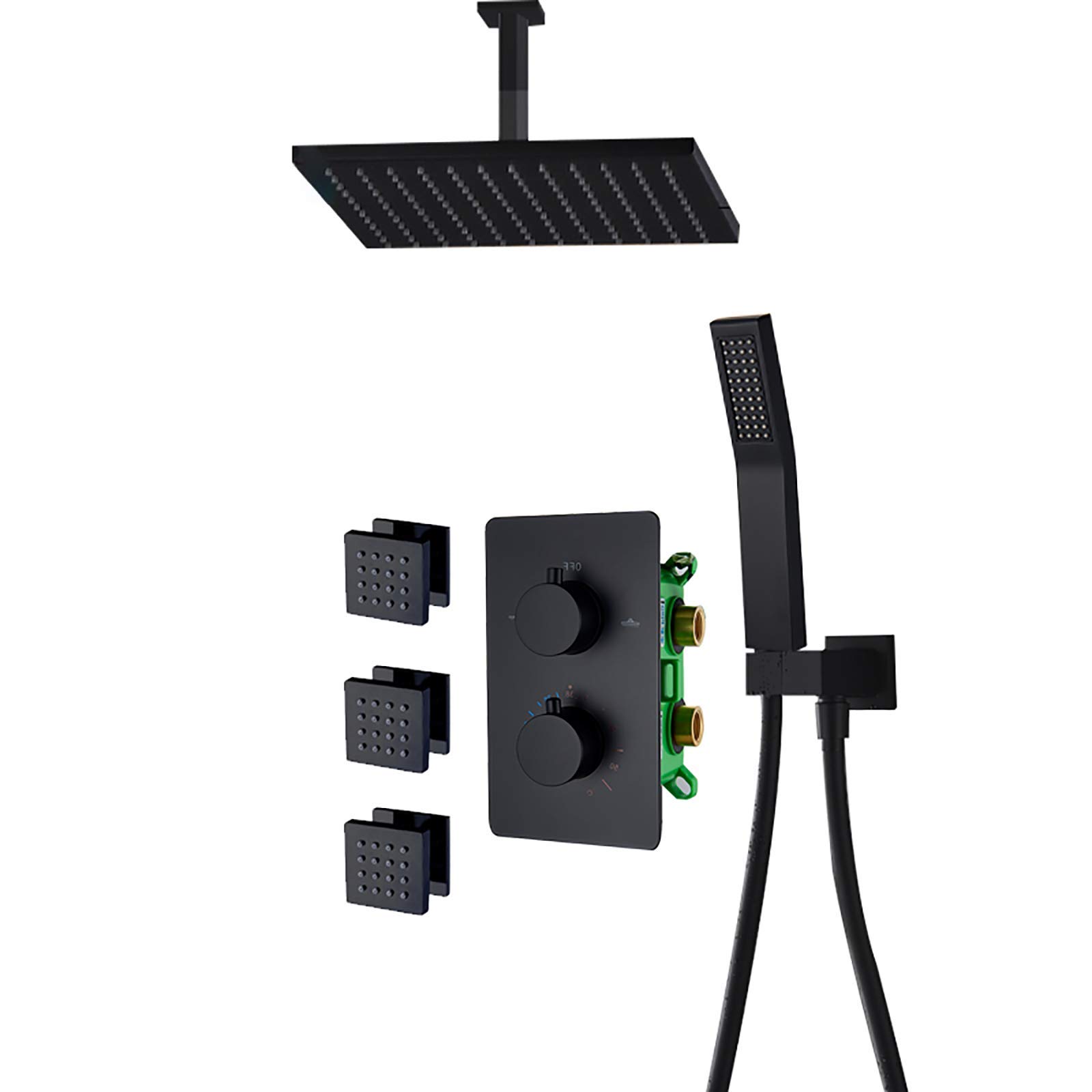 AYCDL Matte Black Thermostatic Rain Mixer Shower Combo Set Ceiling Mounted Bathroom Shower Faucet Set with Shower Head, Handheld Shower, 3Pcs Body Jets,8 Inches,8 Inc,size_name-8 Inches