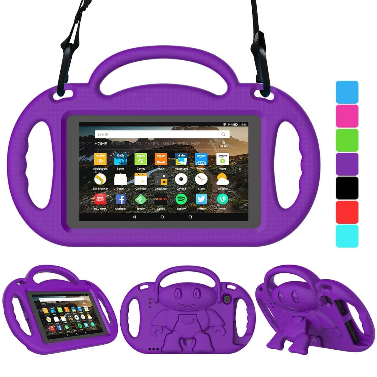 MOXOTEK Kindle Fire 7 Tablet Case, Fire 7 2019/2017/2015 Kids Case with Shoulder Strap, Lightweight Shockproof Handle Stand Case for Amazon Fire 7 inch Tablet (9th/7th/5th Generation), Purple
