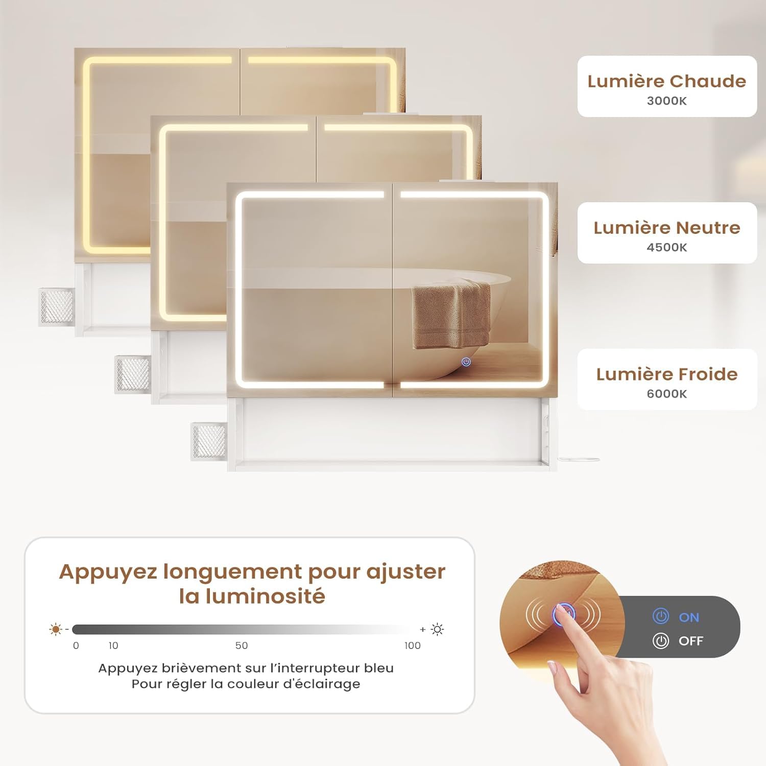 Specchio Bagno 70x16x60 cm con Luce LED Regolabile, Specchio Bagno Contenitore con Mensole Regolabili, Mobile Specchio Bagno con Presa Elettrica e Supporto per Asciugacapelli, Controllo Touch