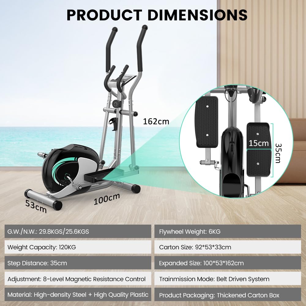 Dripex Crosstrainer für zuhause, Magnetisch Ellipsentrainer, Ultraleiser Crosstrainer mit 16-stufiger Widerstand, 6KG Schwungrad, Pulssensor, LCD Monitor, Gerätehalterung, Transporträder (Grün)