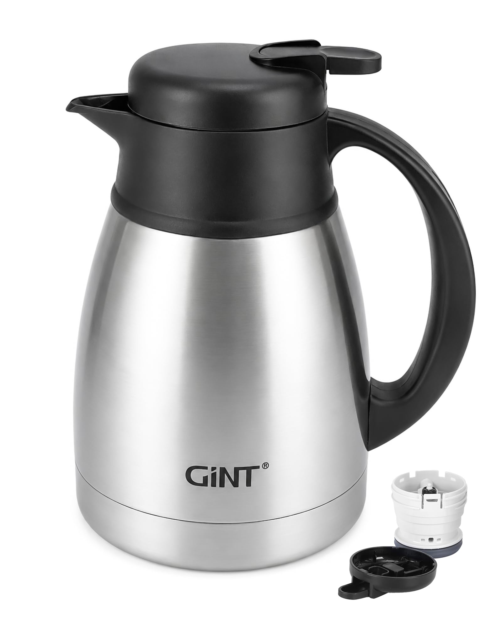 GiNT Insulated Coffee Carafe 34 Oz, Small Stainless Steel Flask for Hot Coffee with Fully Washable Detachable Lid, Portable Thermal Pitcher One-Hand Push Button Tea Dispenser for Travel Camping Office