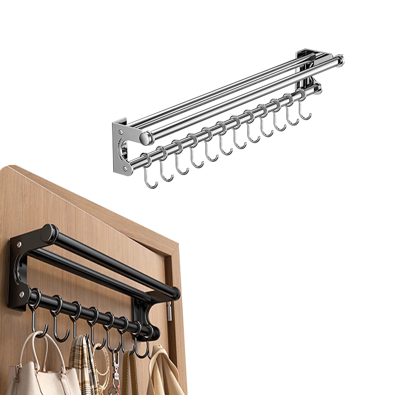 VaNaenic Hanging Wall Mount knife Wall Mount, Space-Saving Knife Rack with Hooks, Kitchen Organizer Storage Shelf for Utensils Spatula Spoon, Kitchen Utensil Hanger (Black, 40CM+8Hooks)