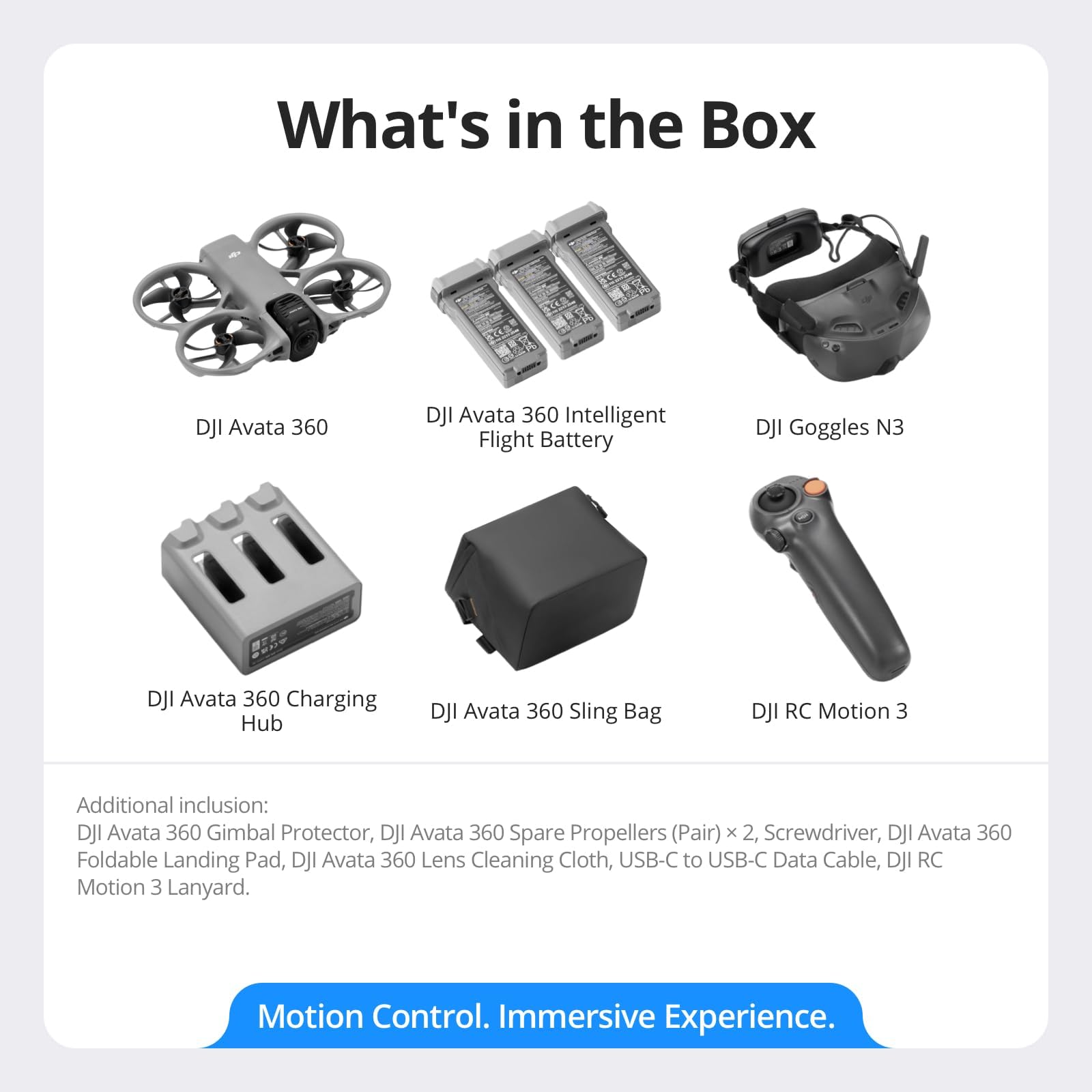 DJI Avata 360 Motion Fly More Combo mit Multiple Accessory Bundle con accesorios dron con imagen 8K de 1 pulgada, drone de cámara de 360°, gafas N3 y RC Motion 3 con protección de hélice, 3 baterías