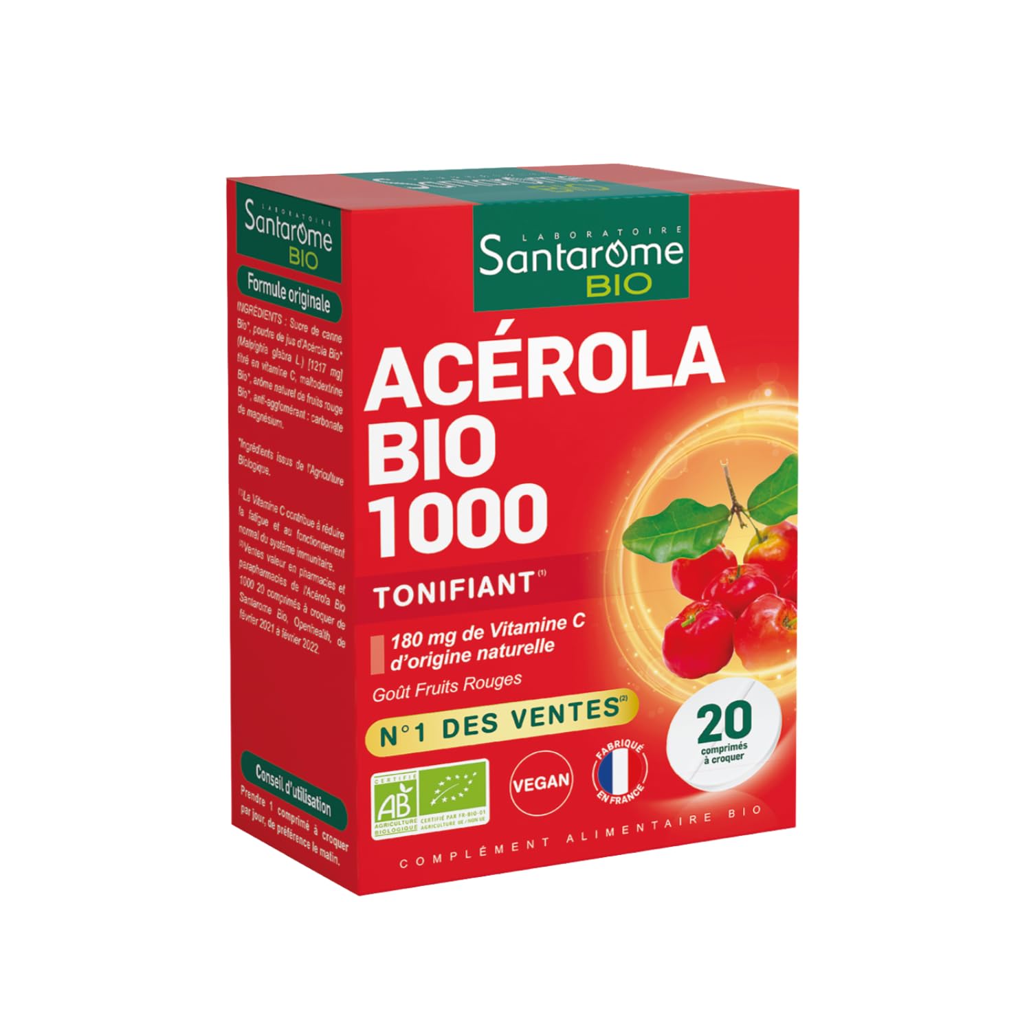 Santarome Acérola Bio 1000 - Vitamine C, Énergie & Immunité - 20 Comprimés