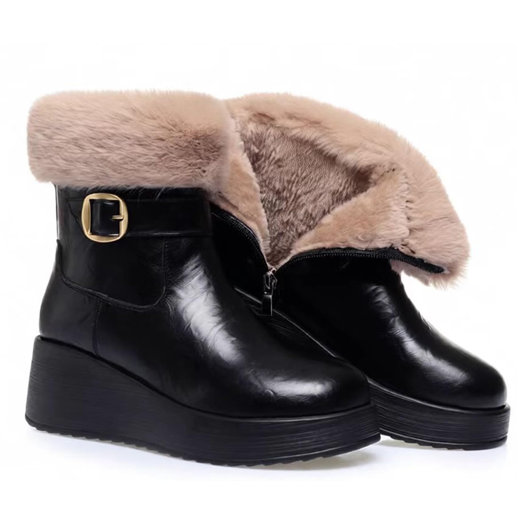 Womens Fur Lined Winter Boots Platform Wedge Ankle Booties Warm Snow Boots with Leather Side Zipper
