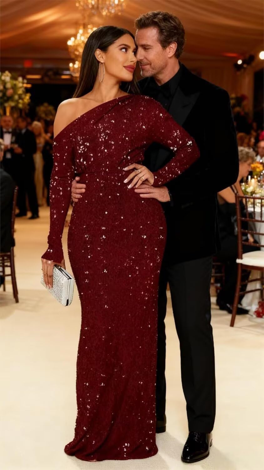 Sequin One Shoulder Prom Dresses for Women 2026 Sparkly Long Sleeve Empire Waist Pleated Formal Evening Gown - Image 4