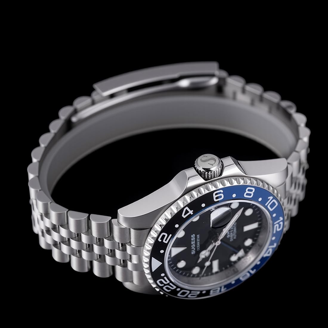 Sugess S420-2 GMT Automatico Acciaio Nero Blu Datario Zaffiro Orologio Uomo