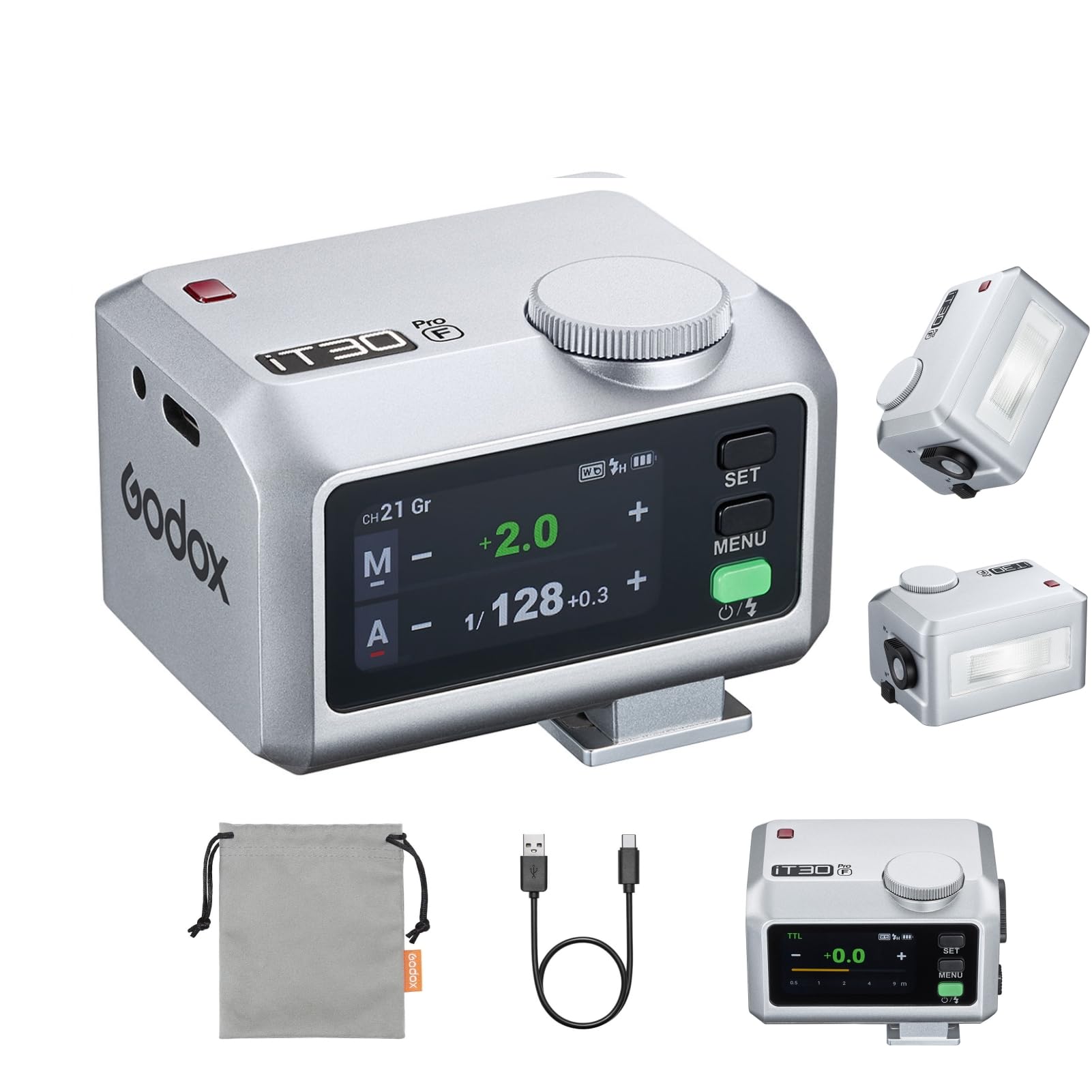 GODOX iT30ProF TTL lampa błyskowa GN15 Speedlite 560, liczba błysków 1,5 s, czas ładowania 1/8000 s, HSS wbudowany dyfuzor do kamer Fuji (srebrny)