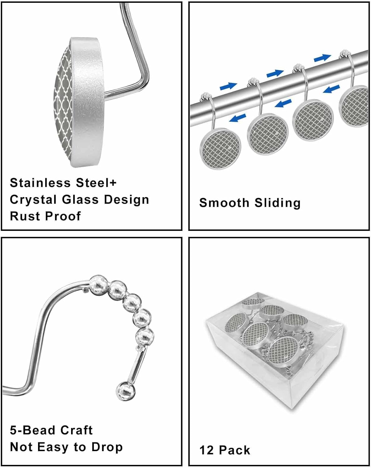 Dark Grey Morocco Shower Curtain Hooks 12 Pcs Geometric Lattice Trellis Stainless Steel Rust Proof Rolling Shower Curtain Rings, Decorative Shower Curtain Hooks Hangers for Bathroom