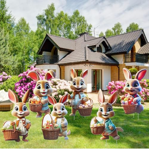 TJYAEKLTD Osterhasen Gartenstecker, Ostern Hof Schild Dekora für Gartendeko, 2D Ostern Werbeschilder, groß Osterdeko Outdoor, Ostereiersuche, frühlingsdeko draußen(35x22 cm, 6Pcs)