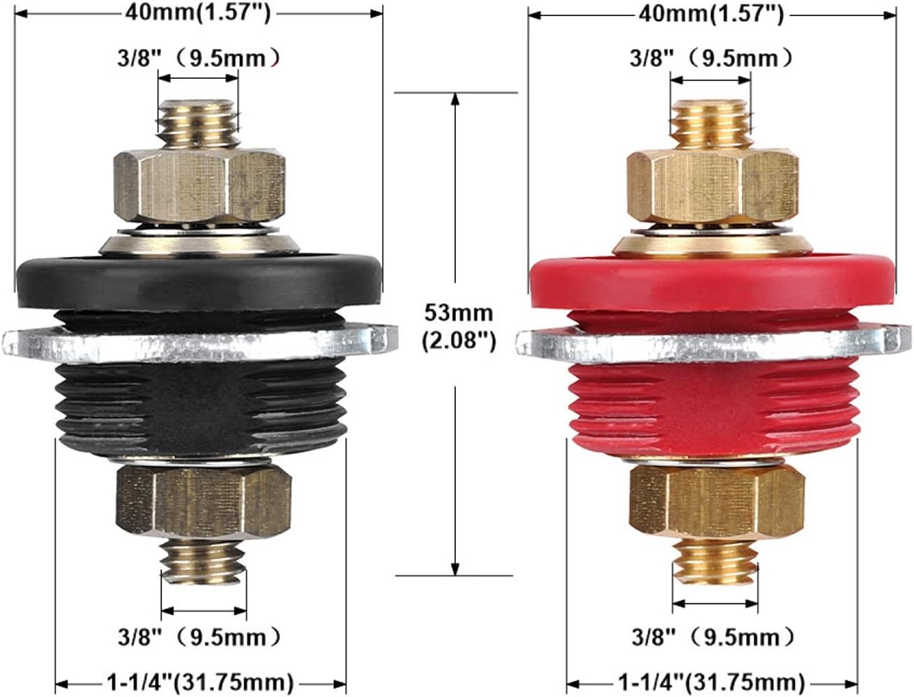 3/8in Remote Battery Terminal Feed Thru, Feeds Thru Panel Batteries Terminals Connectors Stud 250A Positive Negative Junction Post Replacement for Cars Rvs Ships Yachts Red and Black Pair