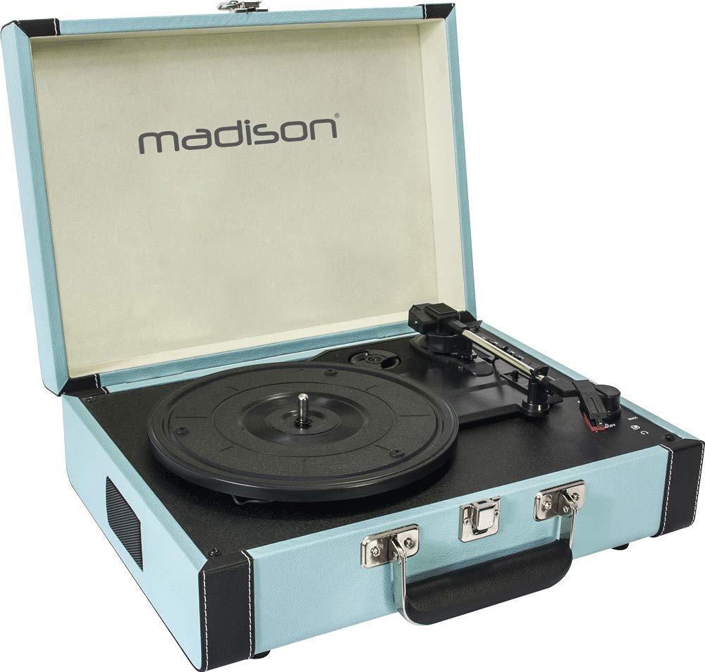MADISON - Mallette Tourne-disques MAD-RETROCASE-BLU Bluetooth USB SD Fonction d'enregistrement - Bleue