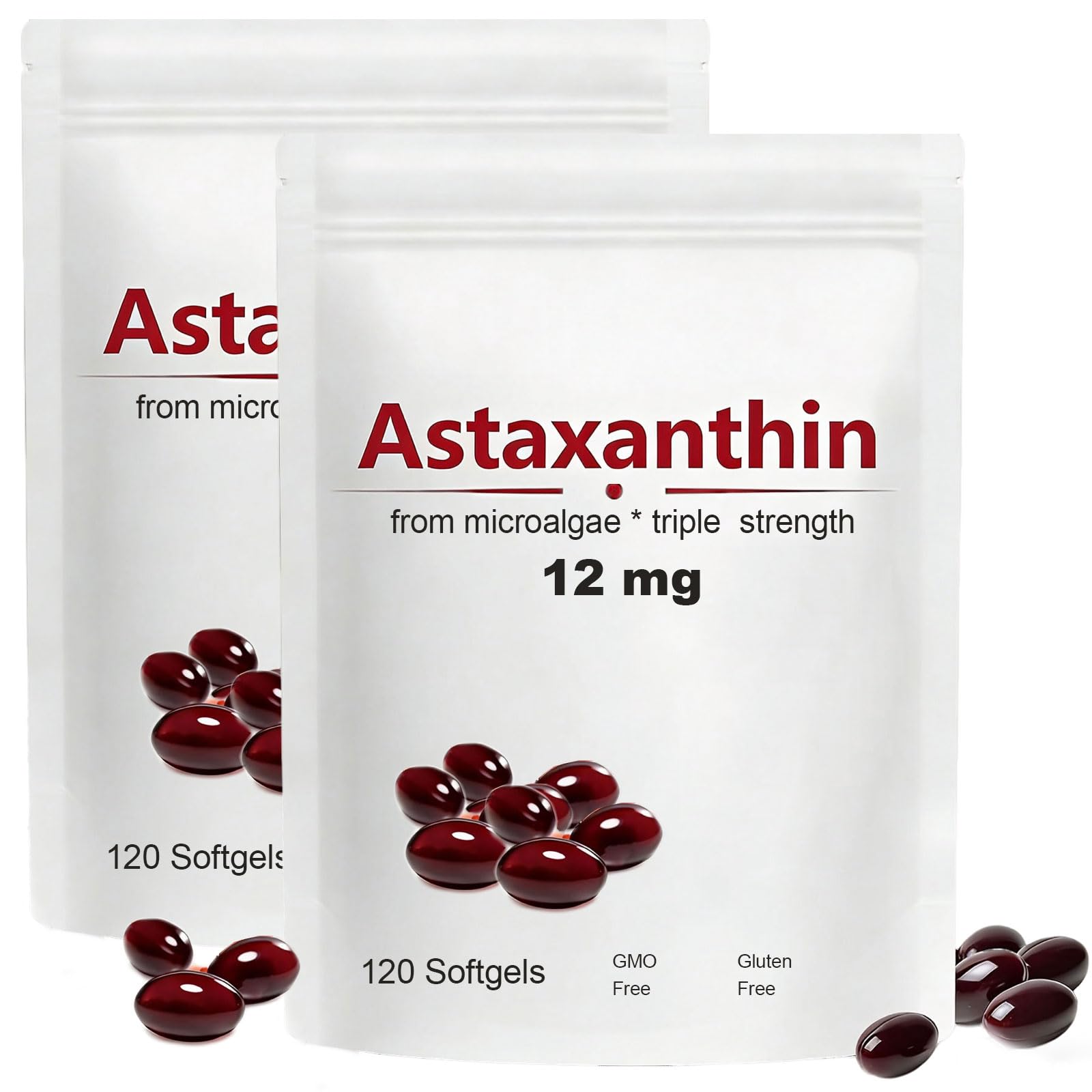 2pack Astaxanthin 12mg, 120 Softgels, Max Strength Antioxidant with Coconut Oil, Natural Formula, High Absorption for Eye & Skin Support, Natural Formula, Non-GMO, Gluten Free 120 Count (Pack of 2) 240pcs