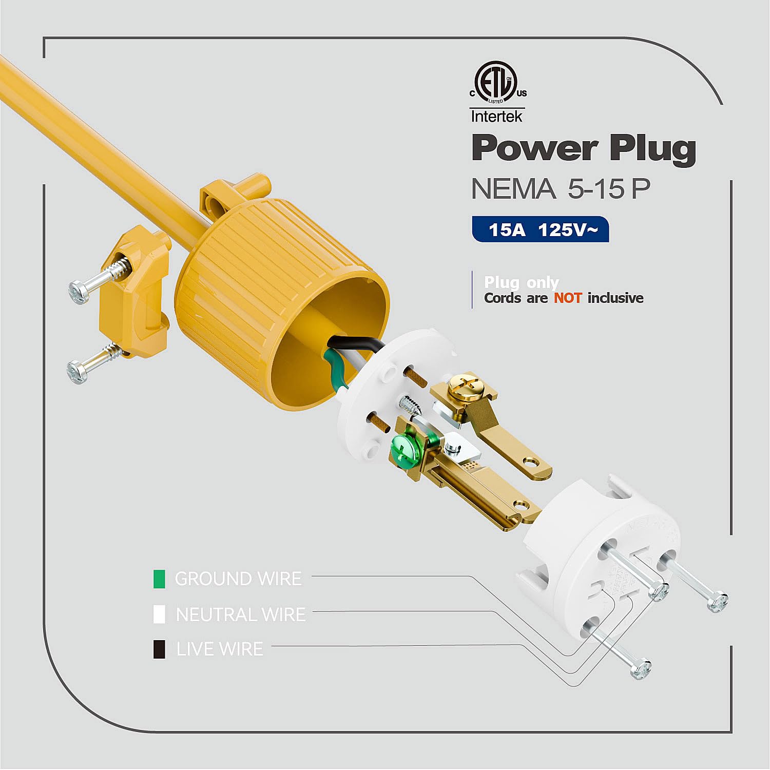 Nema 5-15P Plug, 15 Amp 125 Volt Replacement Plug, Rewirable Male Connector with Screw Terminal & Strain Relief - Heavy Duty Contractor Grade for Extension Cords, DIY Power Cords,5(Pack) Yellow+White