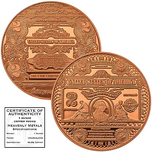 Washington 2 Dollar $2 Note Design 1 oz .999 Pure Copper Round 39mm Collectible Coin in Capsule - COA by Heavenly Metals