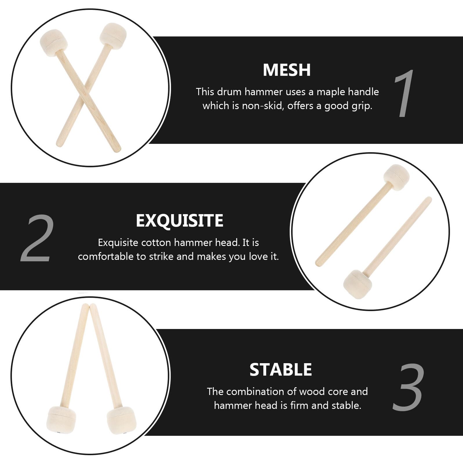 Maillets Tambour 2 Pièces Maillet Bois Percussion Avec Tête En Feutre De Laine Manche En Bois Lisse Accessoire Pour Instruments Pour Batterie Et Grosse Caisse