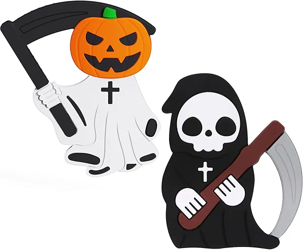 Halloween Baby Teething Toys 2Pack–Pumpkin Ghost & Grim Reaper Silicone Teethers for Newborns, Infants & Toddlers–Sensory Chew Toys for Teething Relief–Perfect Baby’s First Halloween Basket Stuffers