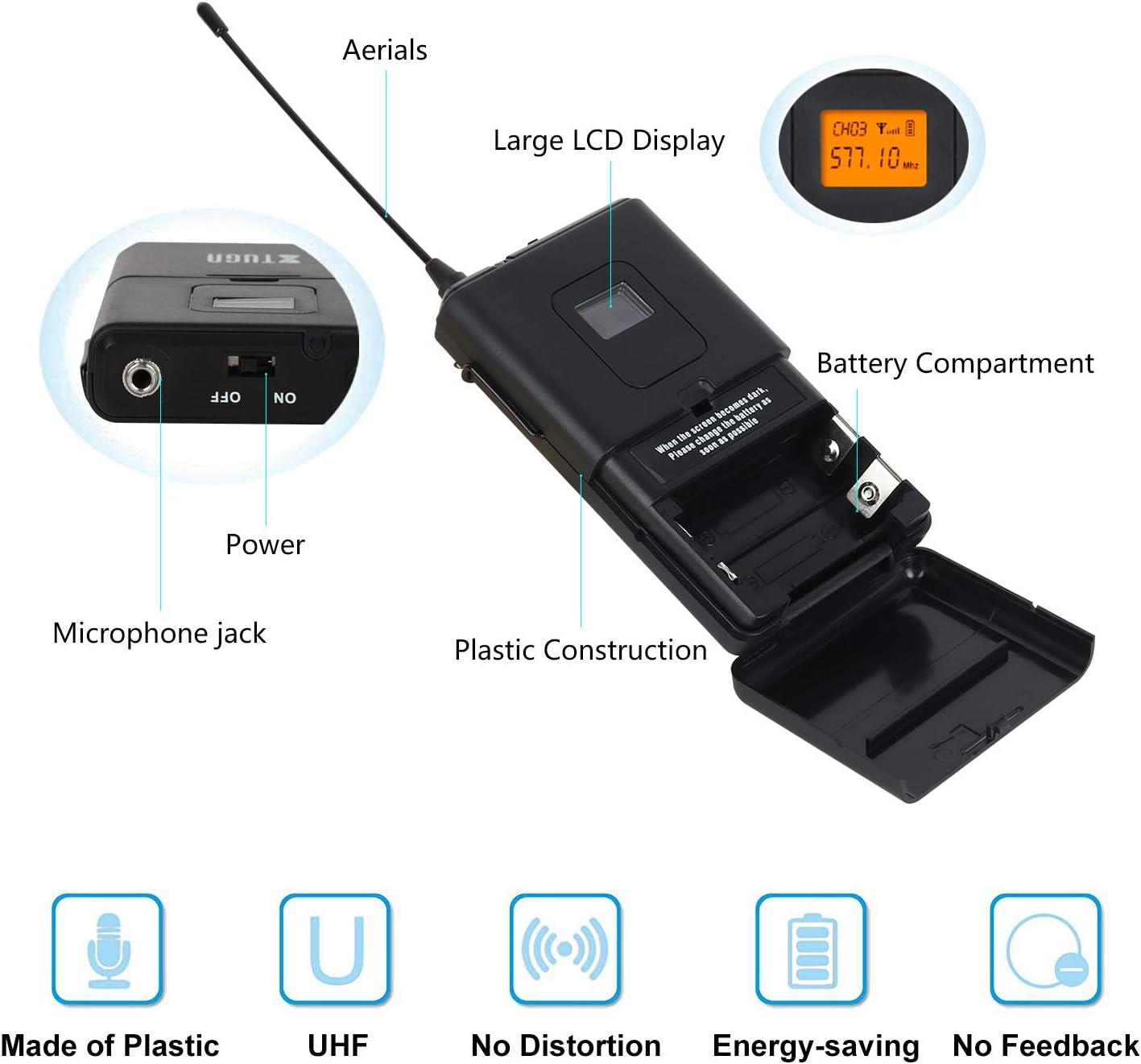 Exclusive Special XTUGA A400 Metal receiver 4-Channel UHF Wireless Microphone System with 2 Bodypack and 2HandHled Use for Family Party, Church, Small Karaoke Night (Frequency B)