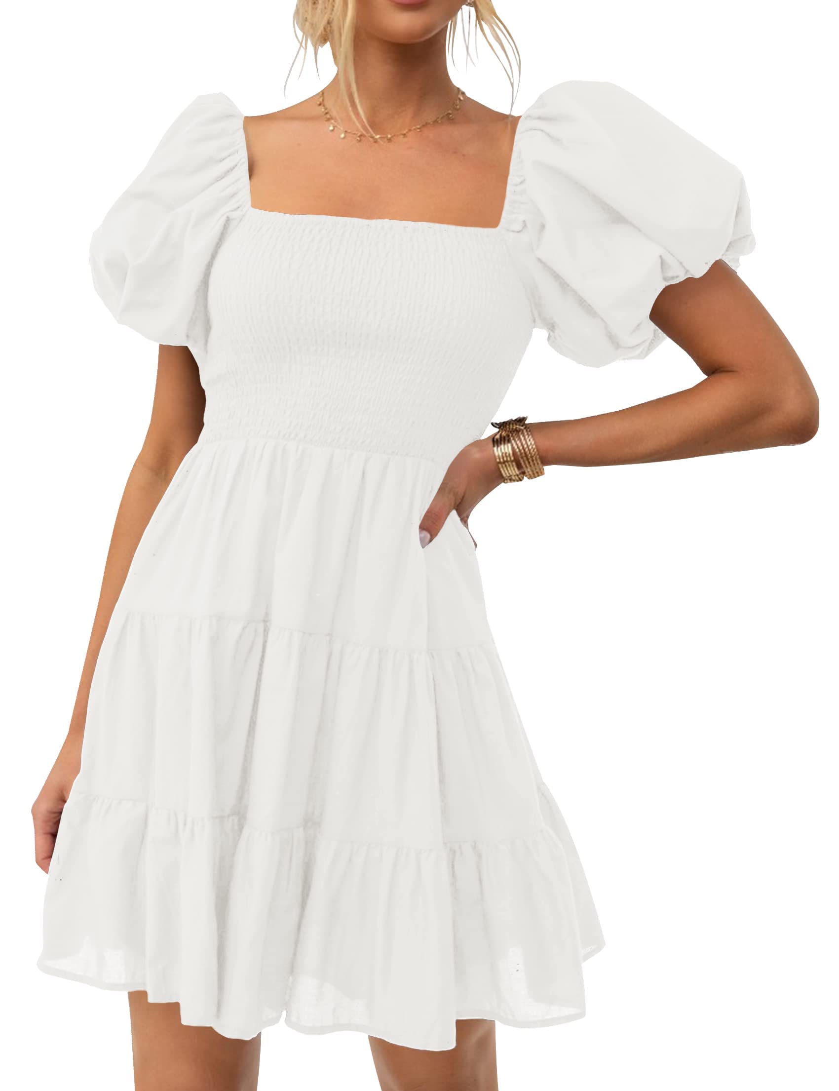 ZESICA Women's Boho 2025 Summer Square Neck Puff Sleeve Off Shoulder Smocked Tiered Casual A Line Short Mini Dress