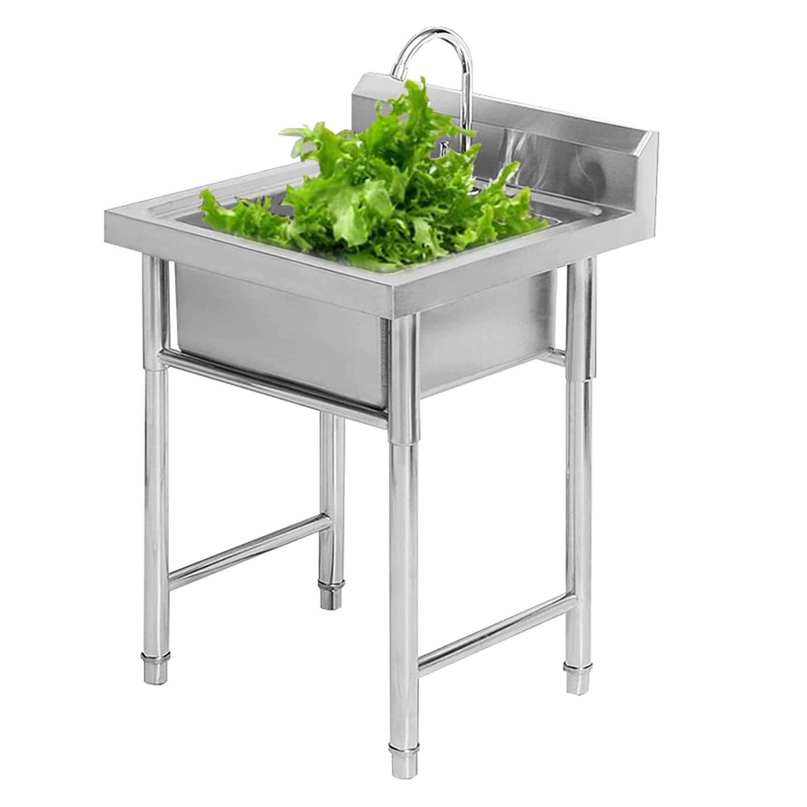 ZQFHSX 304 Stainless Steel Free Standing Kitchen Sink Single Bowl Square Drop in Basin with Faucet for Indoor Outdoor Bathroom Restaurant Farmhouse（50cm/60cm