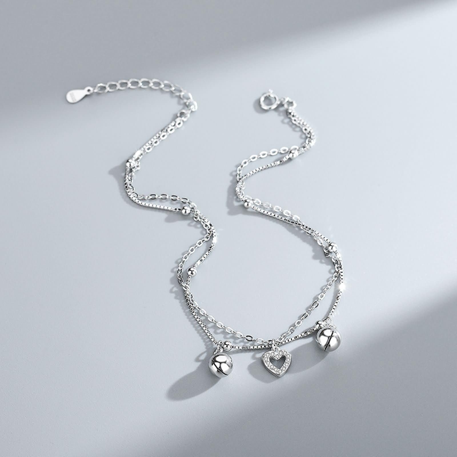 Damen Fußkettchen Weißgold 375/585/750, Fußkette Verstellbar 20+5 cm, Fußschmuck Hochzeit Doppelkette mit Herz und Perlen