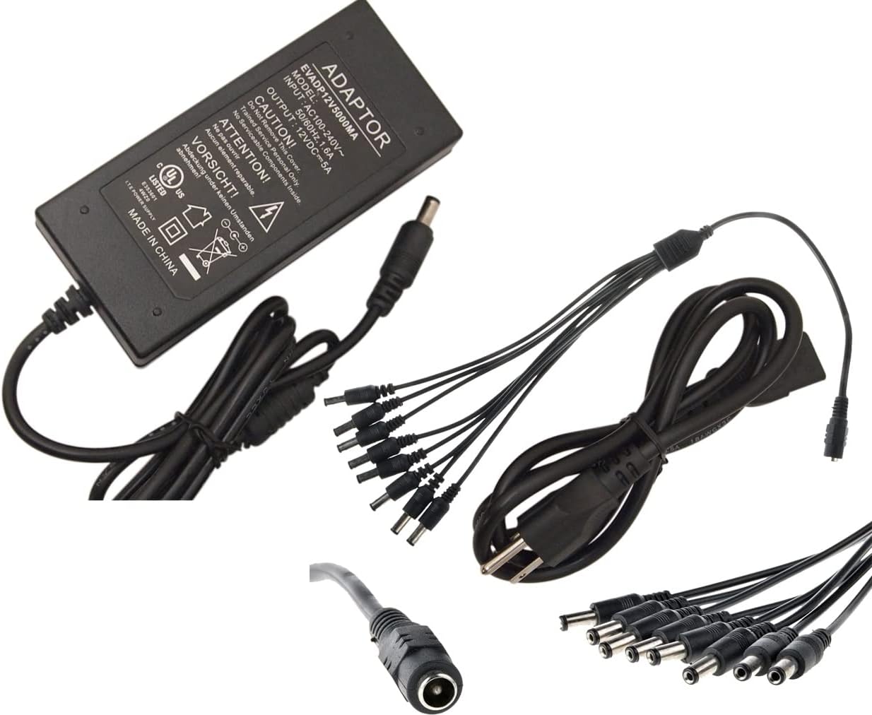 EVERTECH Multipurpose DC 12V 5A 5000mA Power Supply Adapter with 8 Way Power Splitter Cable DC Plug 5.5 x 2.1mm Power Adapter for CCTV Camera DVR NVR LED Light Strips