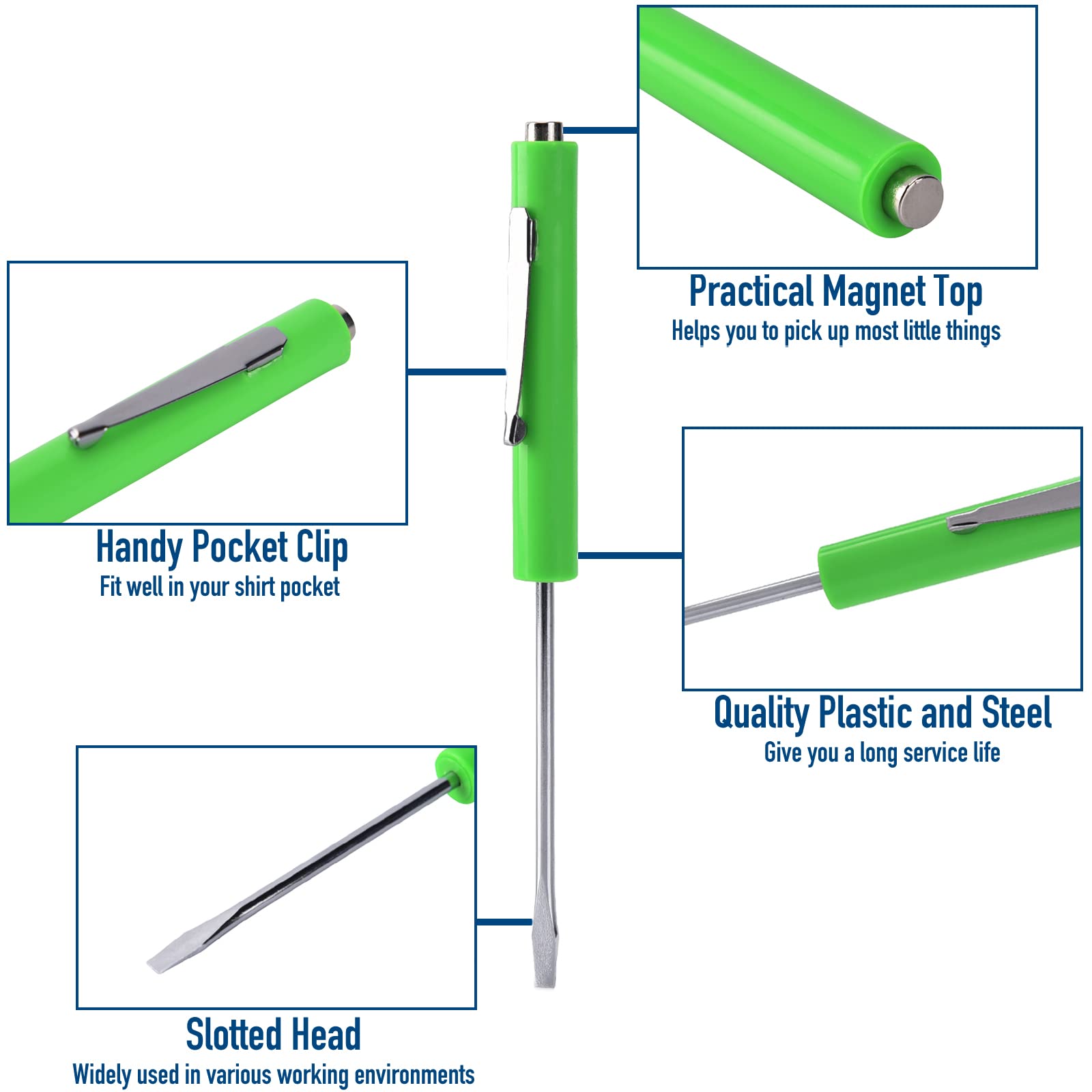 Pocket Screwdriver with Magnet 10PCS Mini Magnetic Pocket Flathead Screwdriver with Clips –Slotted Screwdriver Set for Automotive Technicians, Mechanicians, Electricians – Green