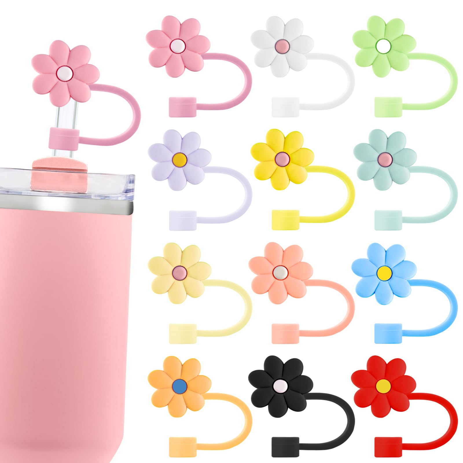 Velaco 12 Pack Silicone Straw Cover Caps Compatible with Stanley 30 and 1.2L Cups, 10mm Cute Flower Straw Toppers for Drinking Glasses, Dustproof Straw Caps for Reusable