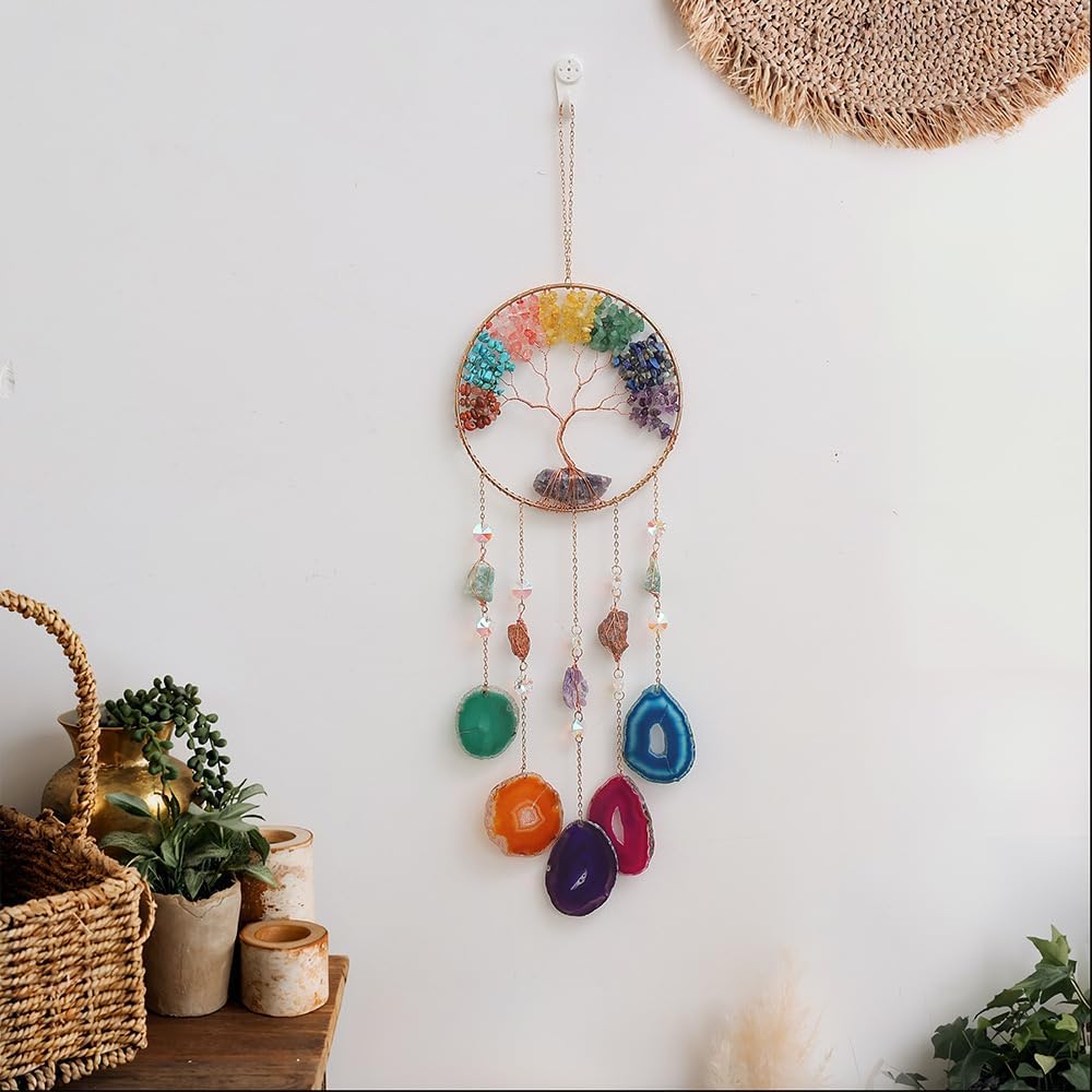 Dream Catchers Craft Ornament with Crystal Agate Color Natural Gem Agate Moon Wall Hangings Room Garden Xmas Wedding Decor (Qian Yu Shi Dream Cacher)