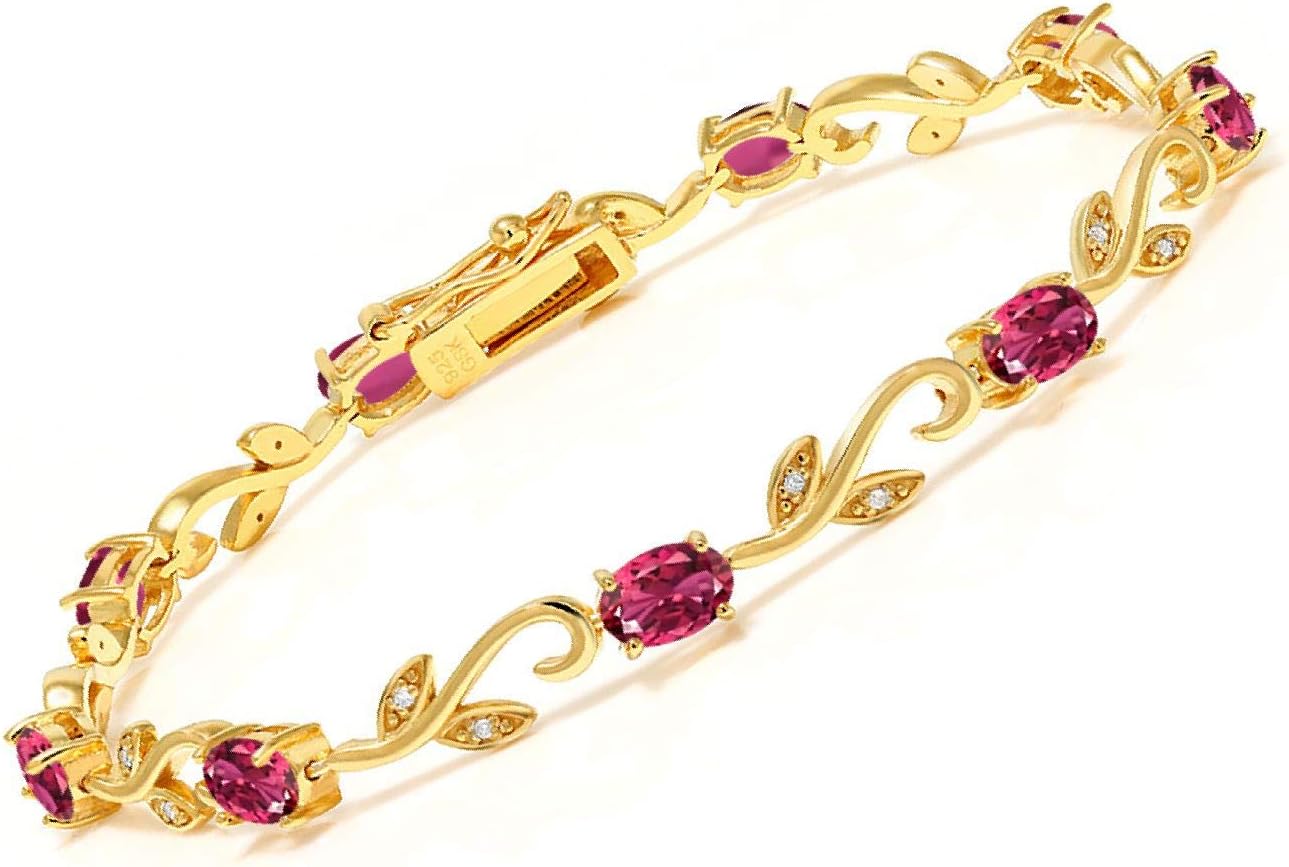 Gem Stone King 18K Yellow Gold Plated Silver 3.55 Ct Tourmaline Diamond Greek Vine 7 Inch Tennis Bracelet For Women