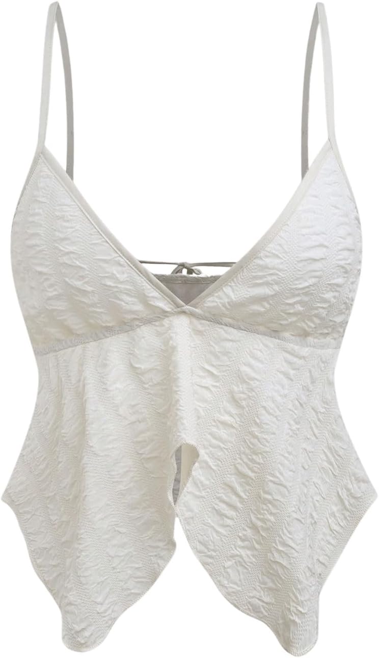 Women's Summer Peplum Crop Top Y2K Tie Back Deep V Neck Asymmetrical Babydoll Tops Going Out Outfits