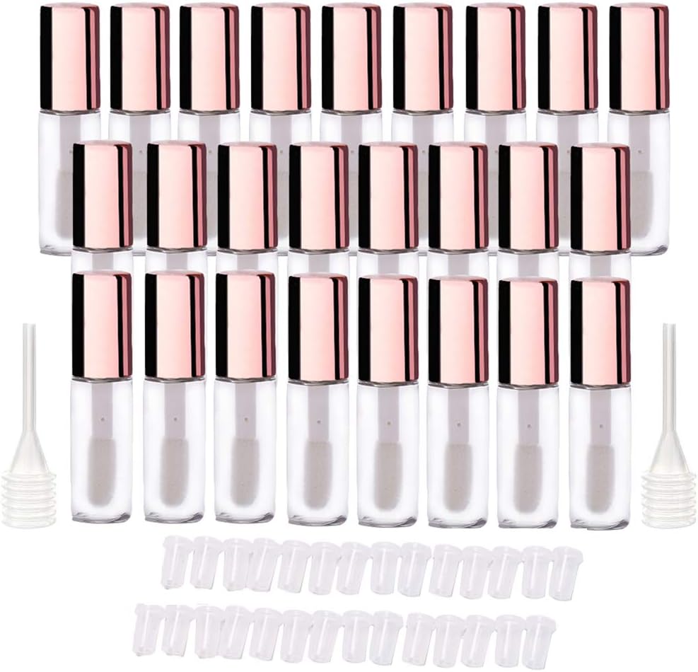 LTKJ 25 Pack 1.2 mL Pretty Empty Lip Gloss Tubes Containers, Clear Mini Refillable Lip Balm Bottles with Rubber Inserts and 3pcs Transfer Pipettes for Lip Samples Travel DIY Makeup (Rose Golden)