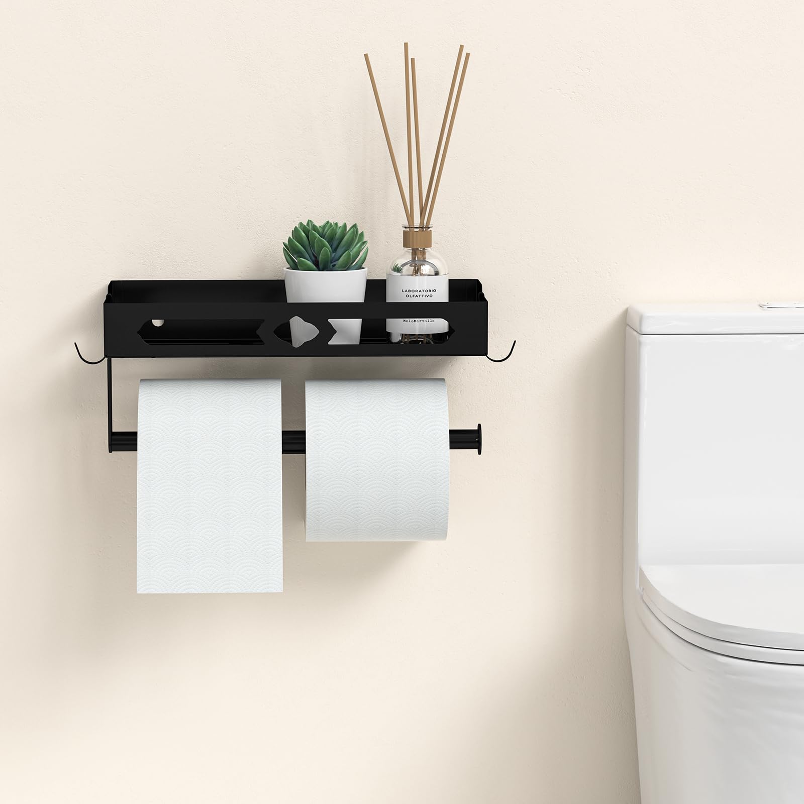 Soporte de pared para toallas de papel para cocina, diseño de fácil operación con una sola mano, soporte para toallas de papel autoadhesivo con estante para baño, toallero de papel RV con 2 5