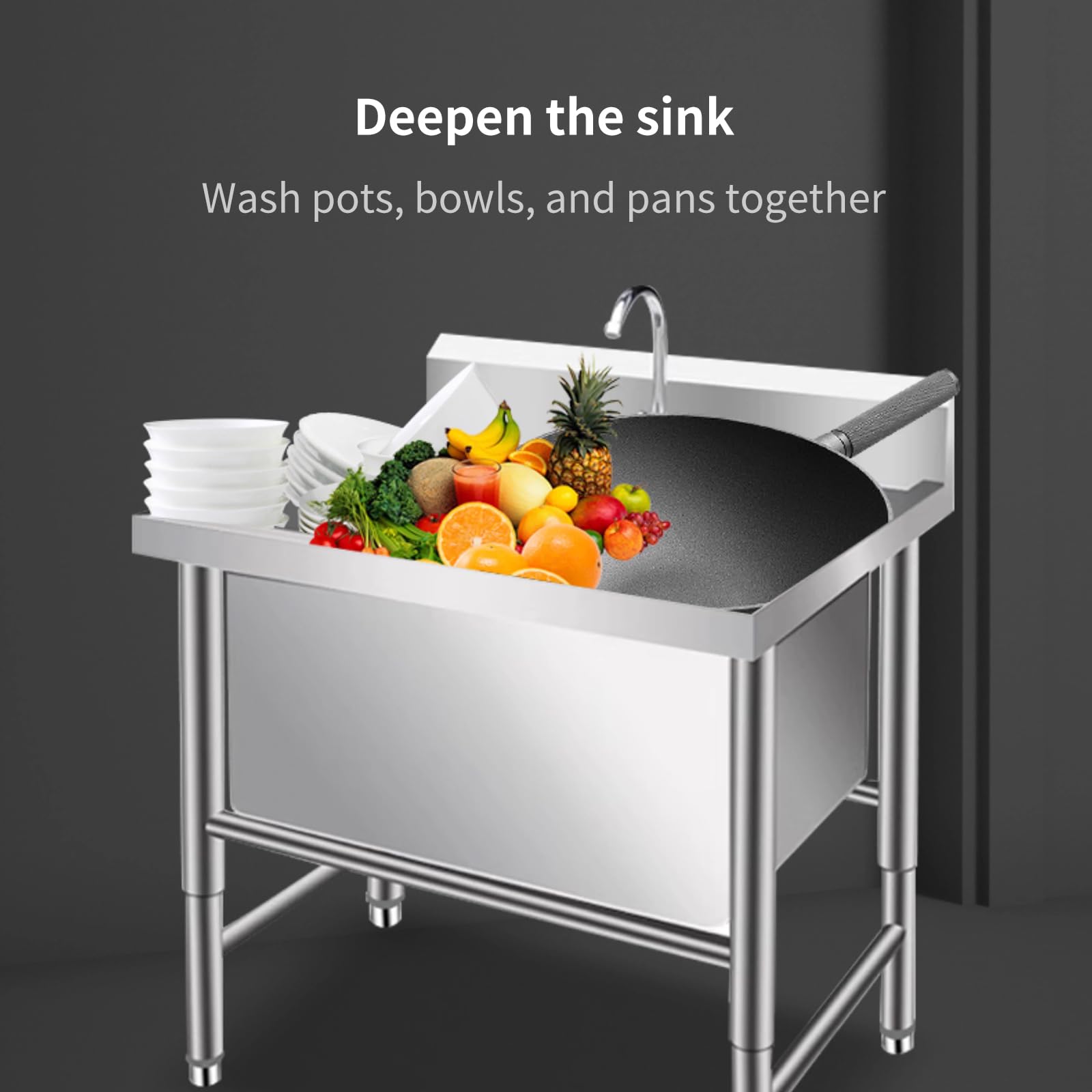 Lavello da cucina in acciaio inox, con rubinetto, lavabo, industriale, per ristorante, cucina, lavanderia, garage (dimensioni: 80 x 60 x 80 cm, profondità 40 cm/31,5 x 23,6 x 31,5 -