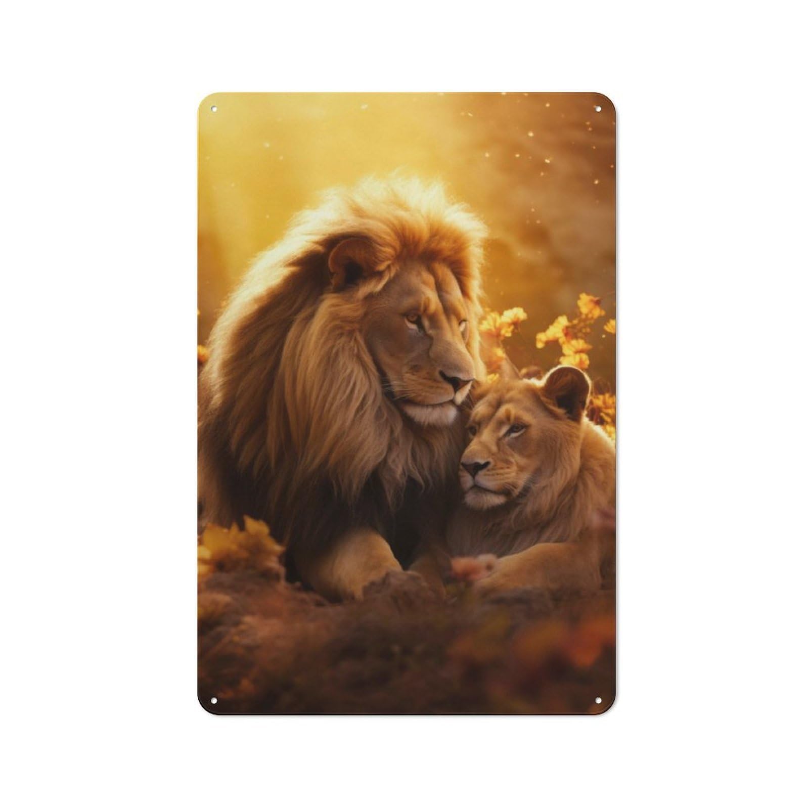 Junmoney Style-17 Golden Lion Couple Rustic Tin Wall Plaque 30X20cm For Hobby Room Or Studio, A Christmas Gift For People Styling Hobby Room And Studio
