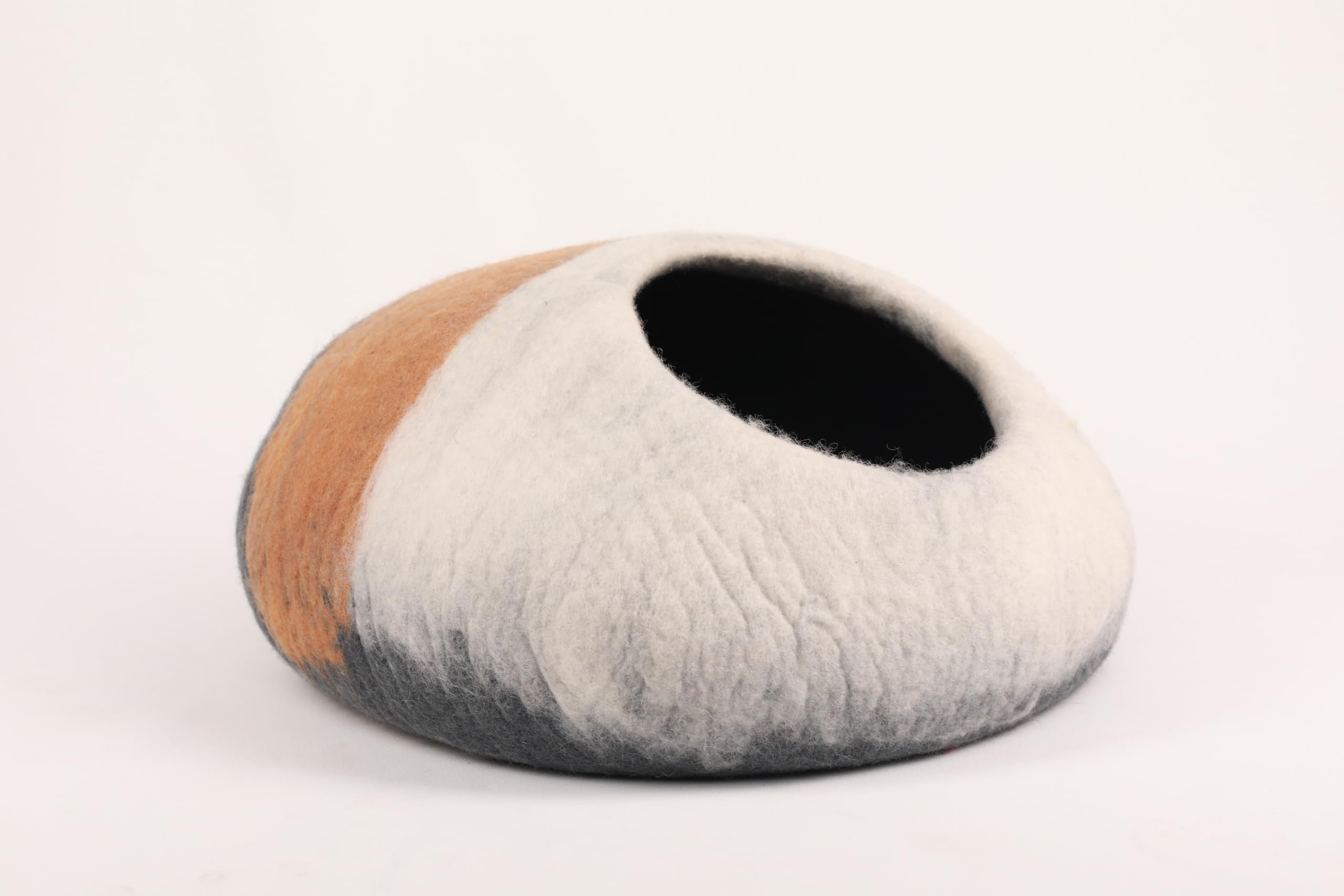 Handmade Felt Cat Cave Bed – Gray with Brown Stripes, Cozy and Warm Pet Bed for Cats, 100% Natural Wool, Non-Toxic & Hypoallergenic